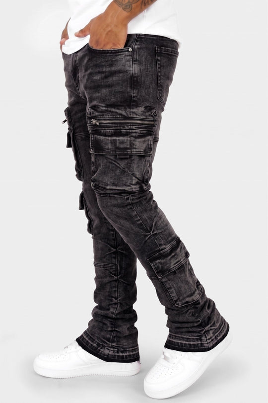 Pocketed Stacked Denim (Black Wash) (L7094) - Zamage