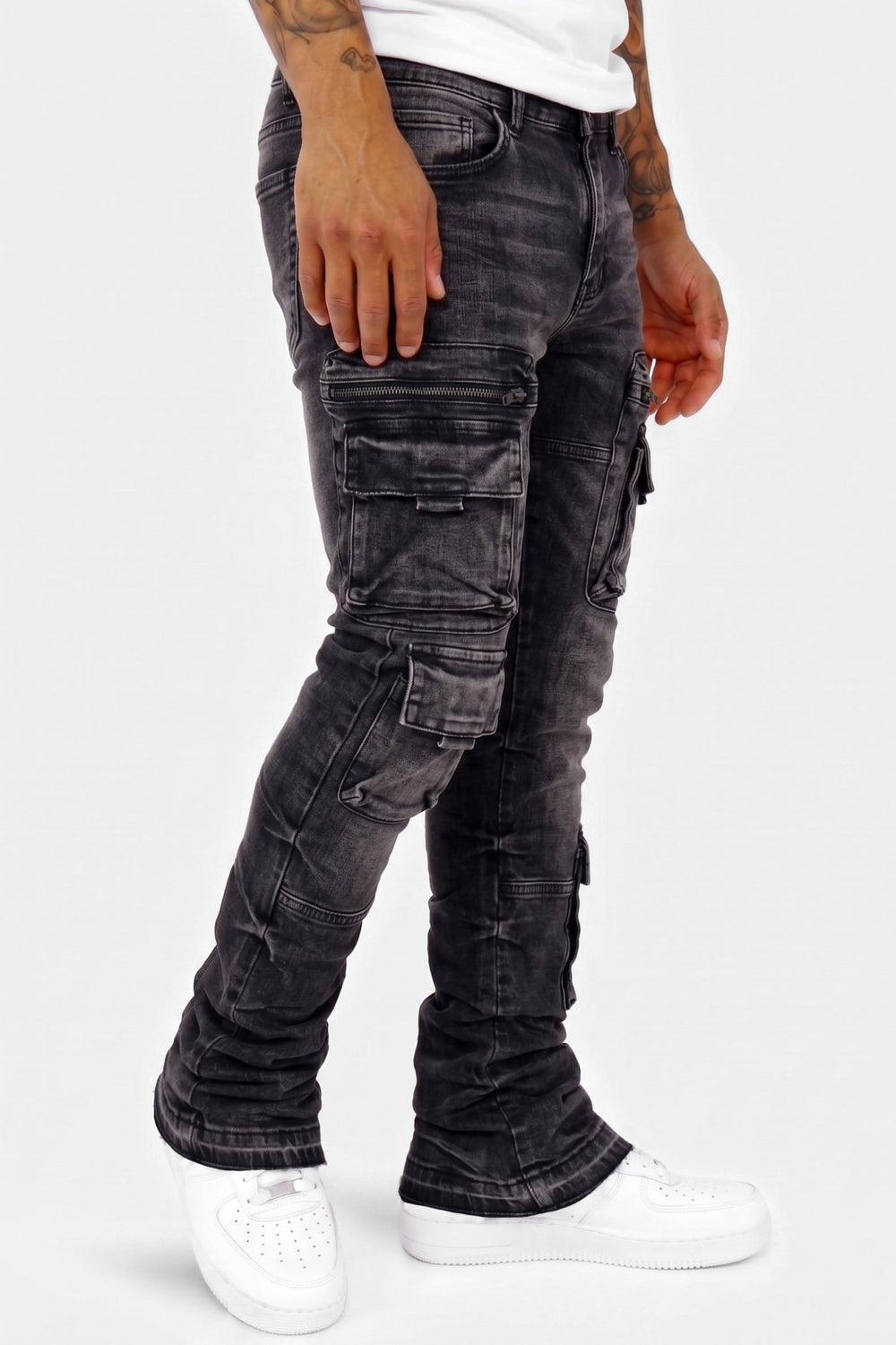 Pocketed Stacked Denim (Black Wash) (L7094) - Zamage
