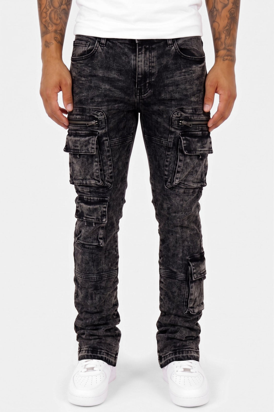 Pocketed Stacked Denim (Black Wash) (L7094) - Zamage