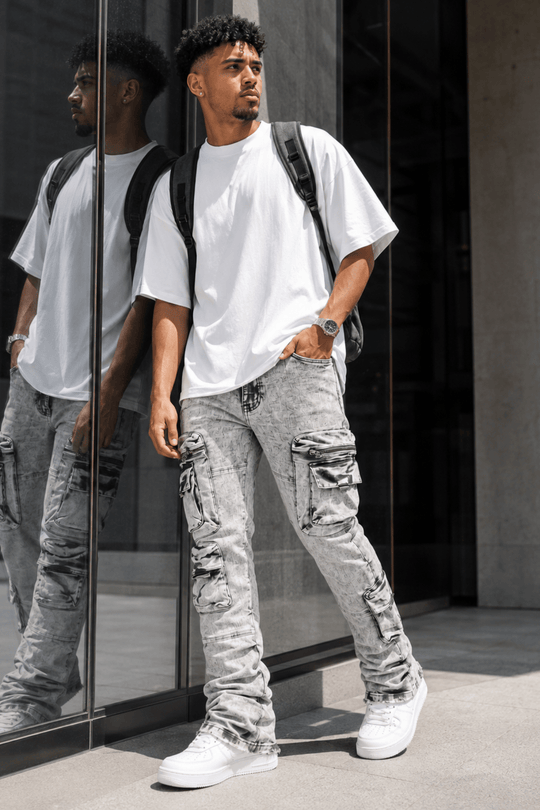 Pocketed Stacked Denim (Grey) - Zamage