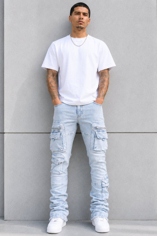 Pocketed Stacked Denim (Ice Blue) - Zamage