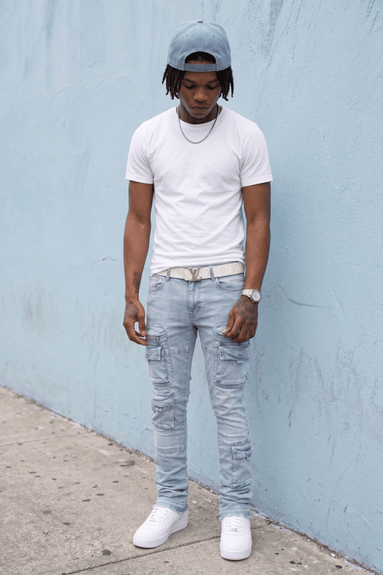 Pocketed Stacked Denim (Ice Blue) - Zamage