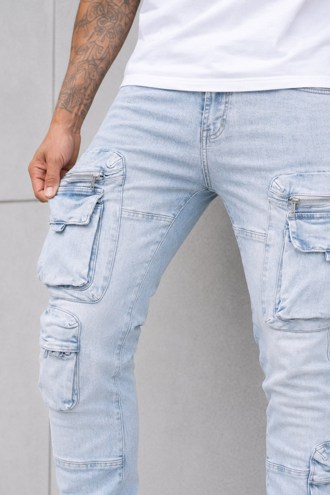 Pocketed Stacked Denim (Ice Blue) - Zamage