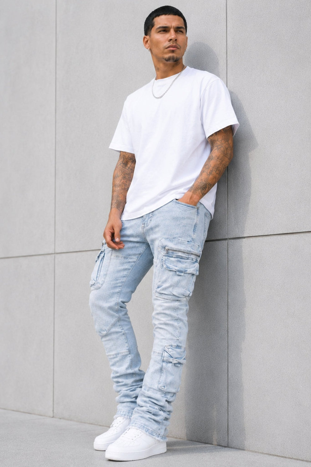 Pocketed Stacked Denim (Ice Blue) - Zamage