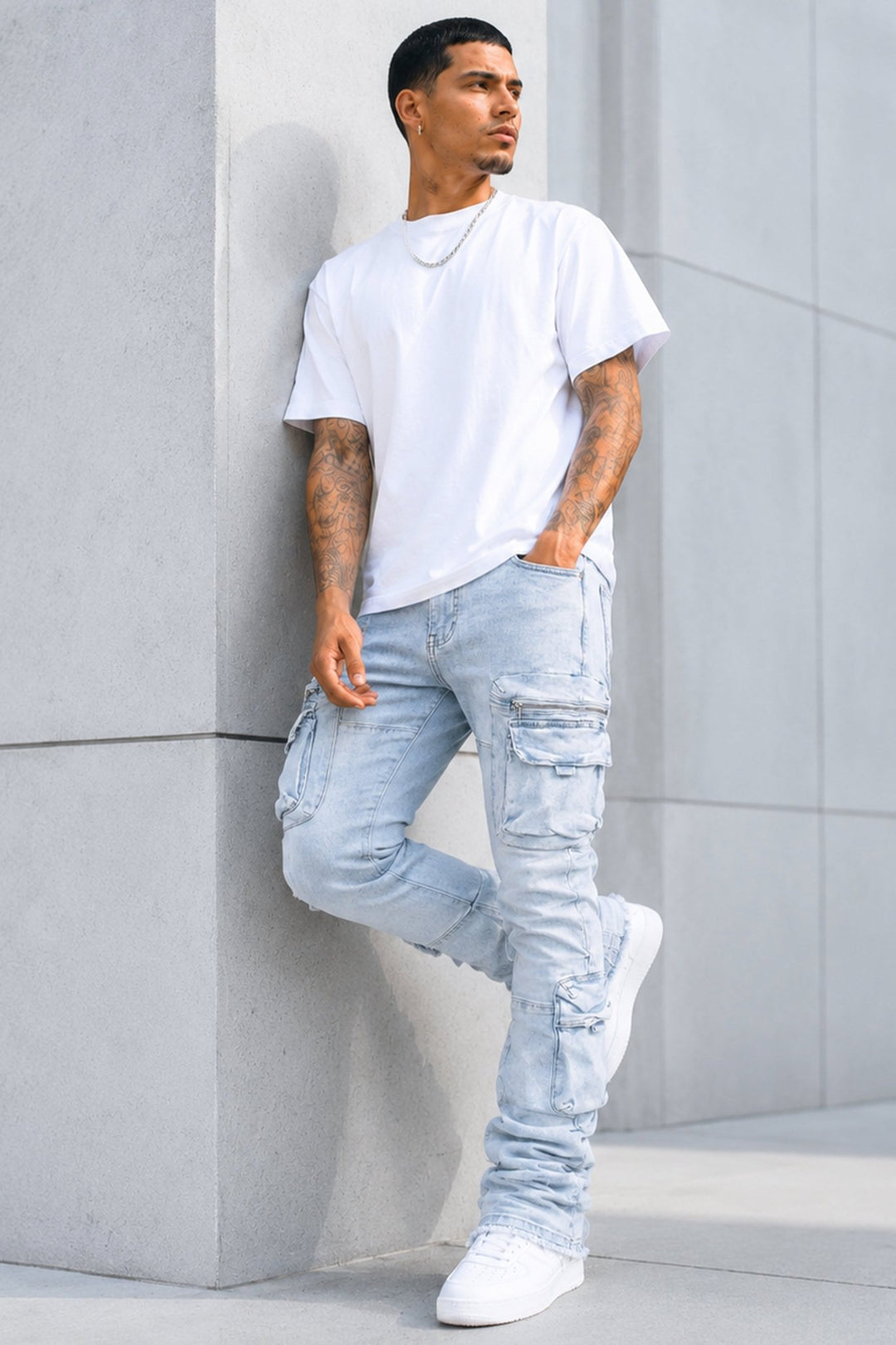 Pocketed Stacked Denim (Ice Blue) - Zamage