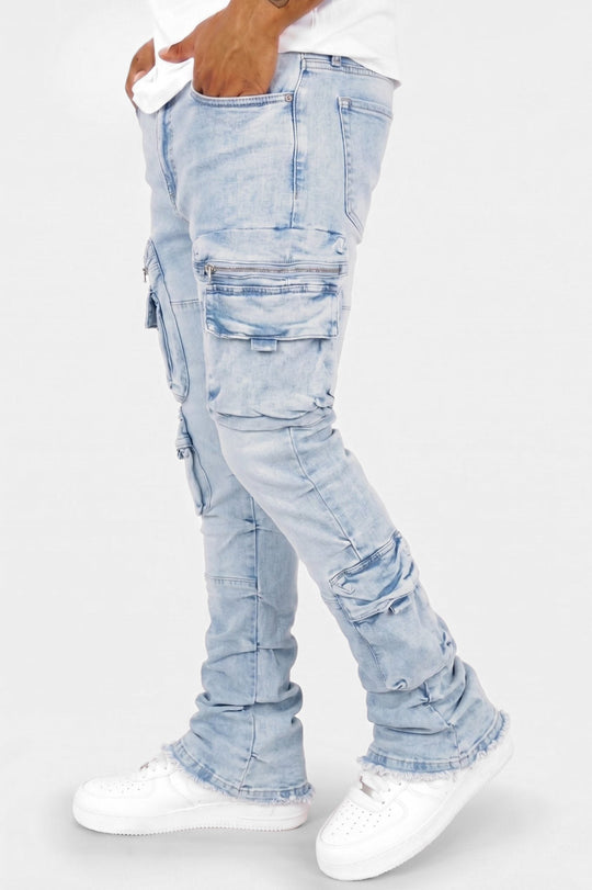 Pocketed Stacked Denim (Ice Blue) - Zamage