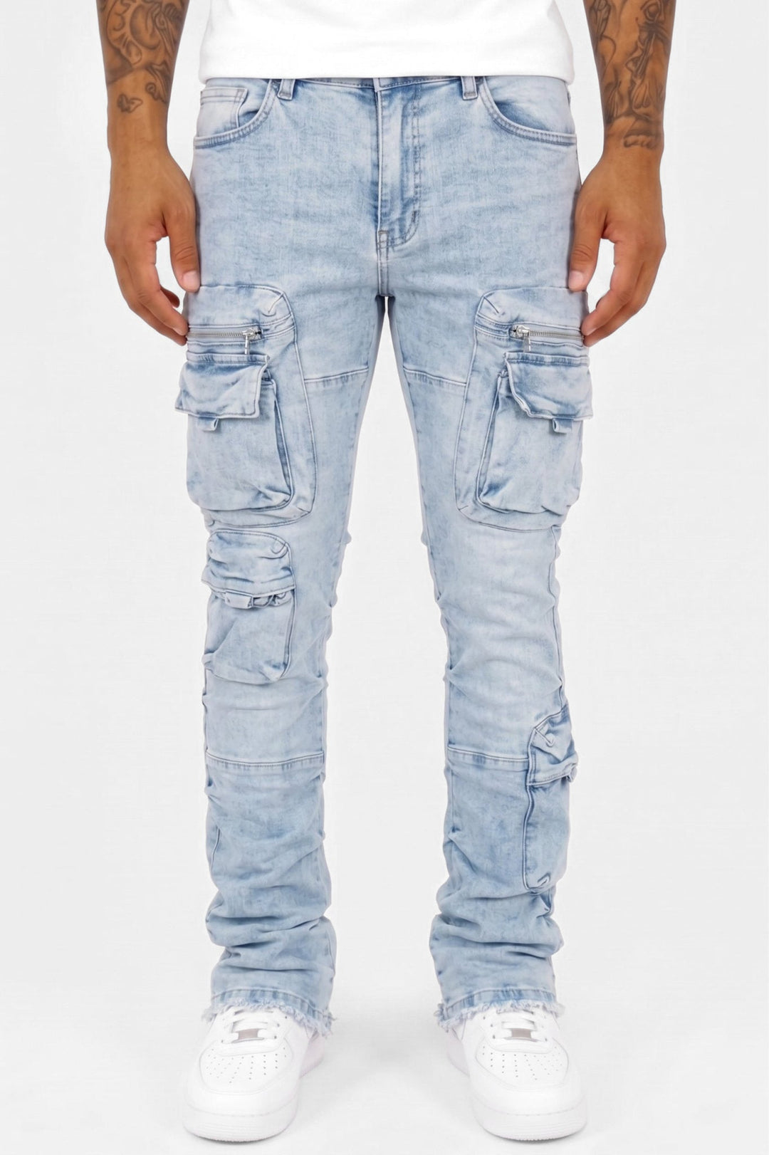 Pocketed Stacked Denim (Ice Blue) - Zamage