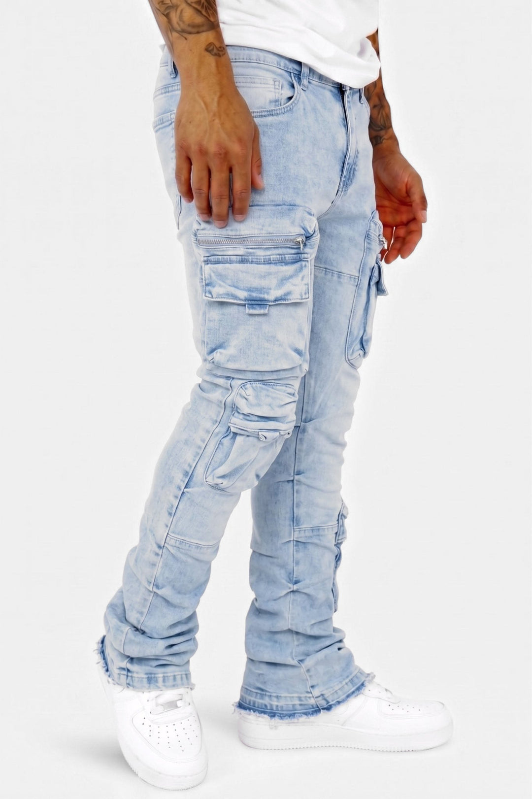Pocketed Stacked Denim (Ice Blue) - Zamage