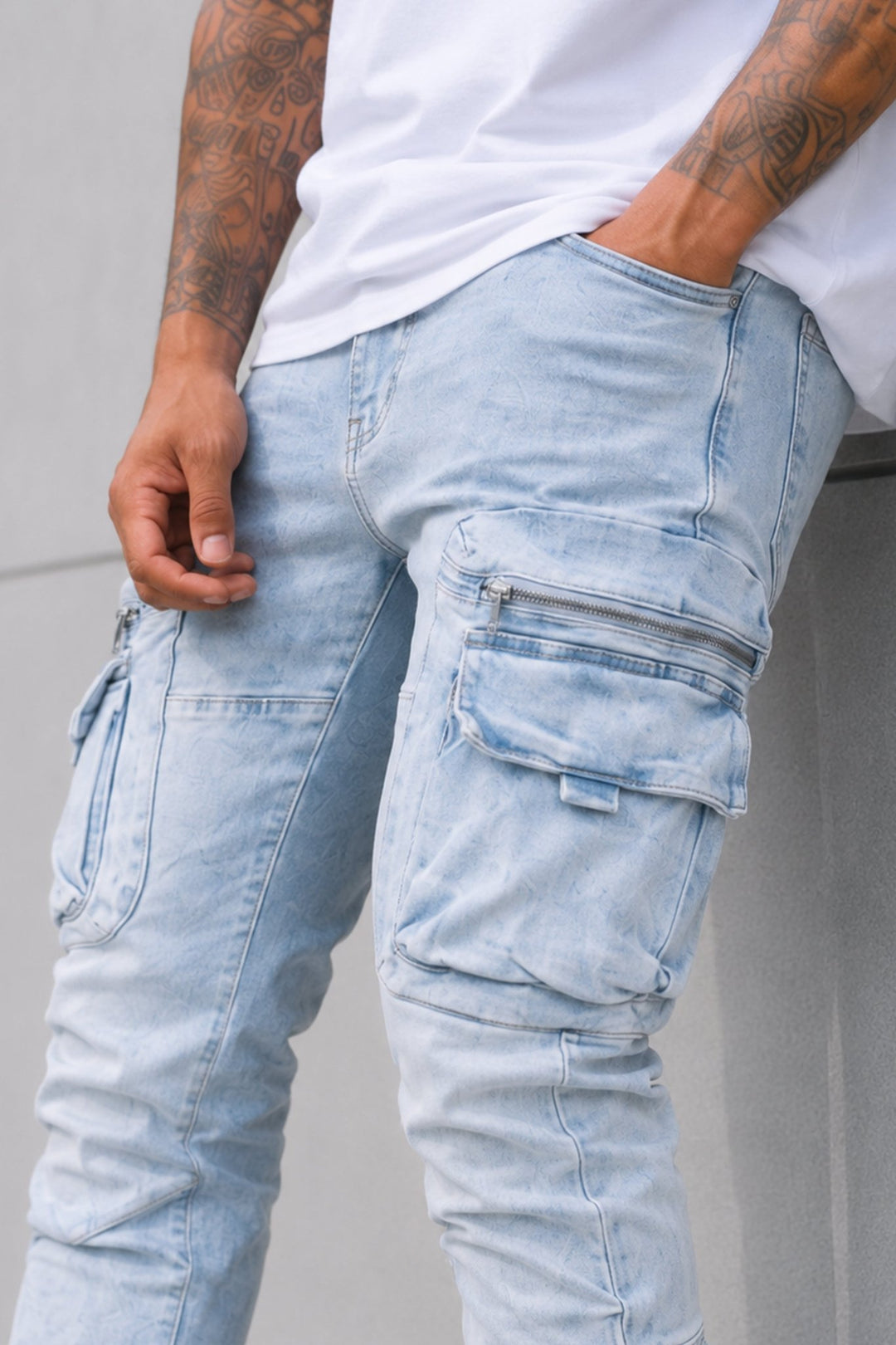 Pocketed Stacked Denim (Ice Blue) - Zamage