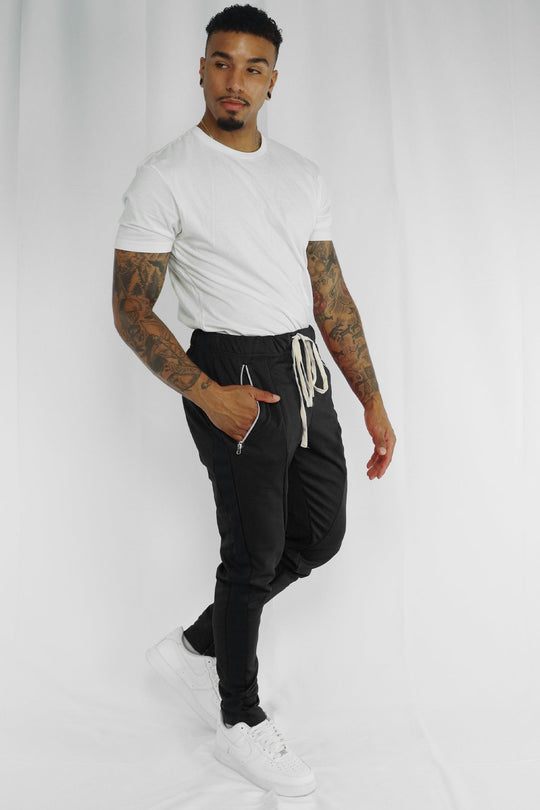 Premium Side Stripe Zip Pocket Track Pants (Black - Black) - Zamage