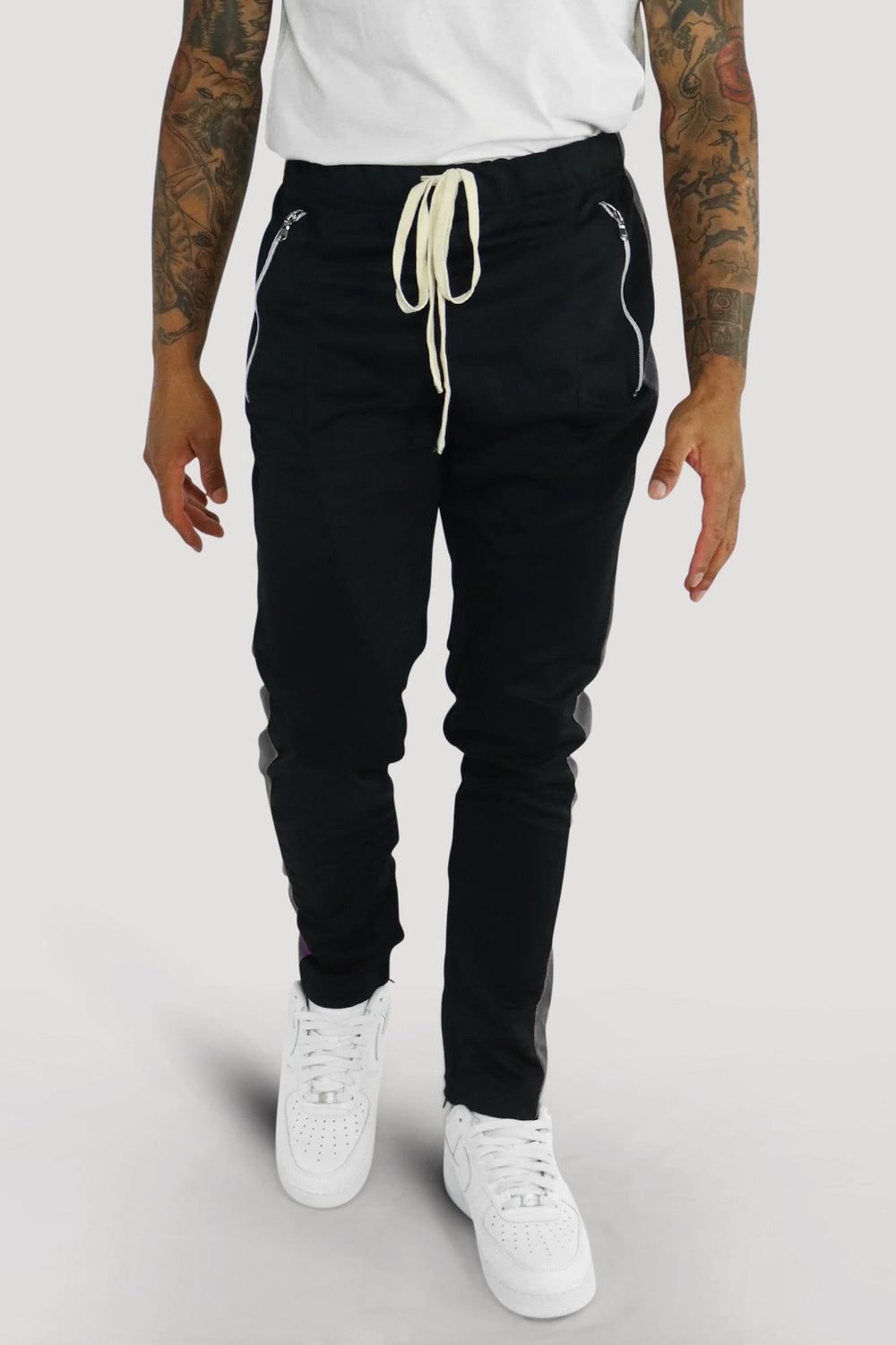Premium Side Stripe Zip Pocket Track Pants (Black - Charcoal) - Zamage