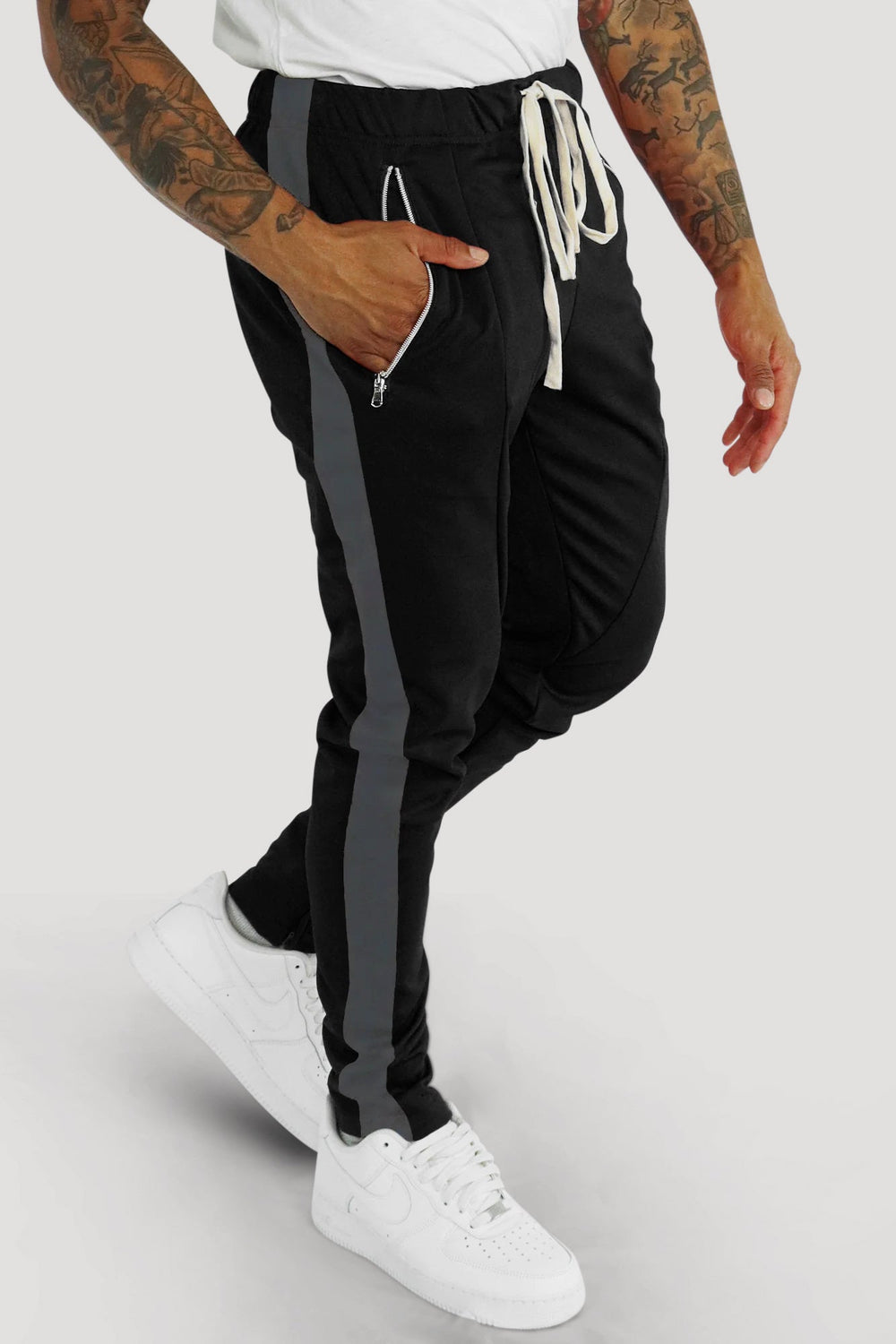 Premium Side Stripe Zip Pocket Track Pants (Black - Charcoal) - Zamage