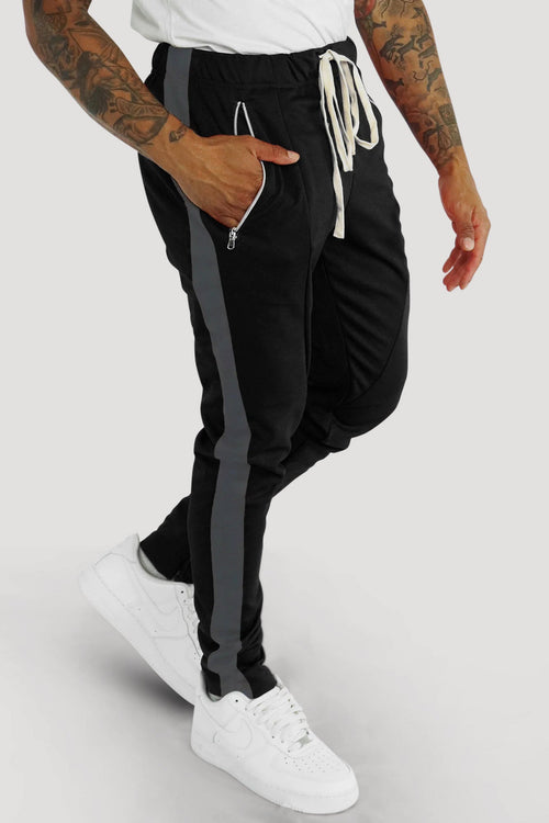 Premium Side Stripe Zip Pocket Track Pants (Black - Charcoal) - Zamage