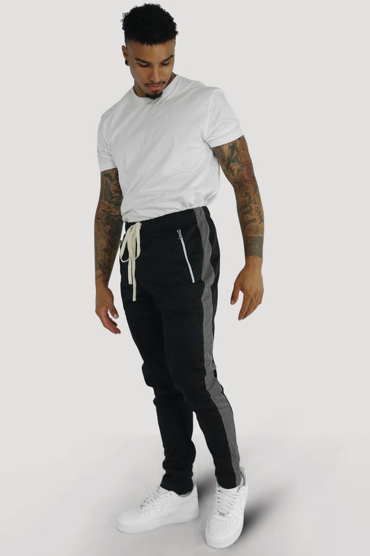 Premium Side Stripe Zip Pocket Track Pants (Black - Charcoal) - Zamage