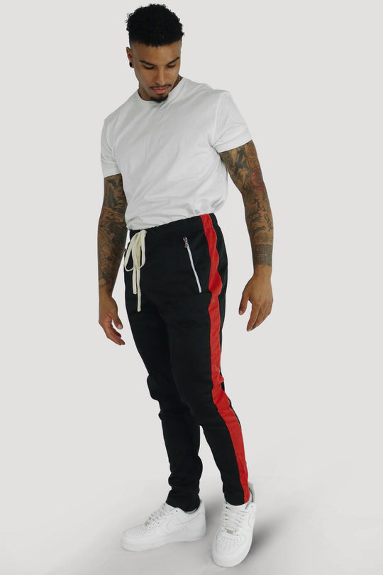 Premium Side Stripe Zip Pocket Track Pants (Black - Red) - Zamage