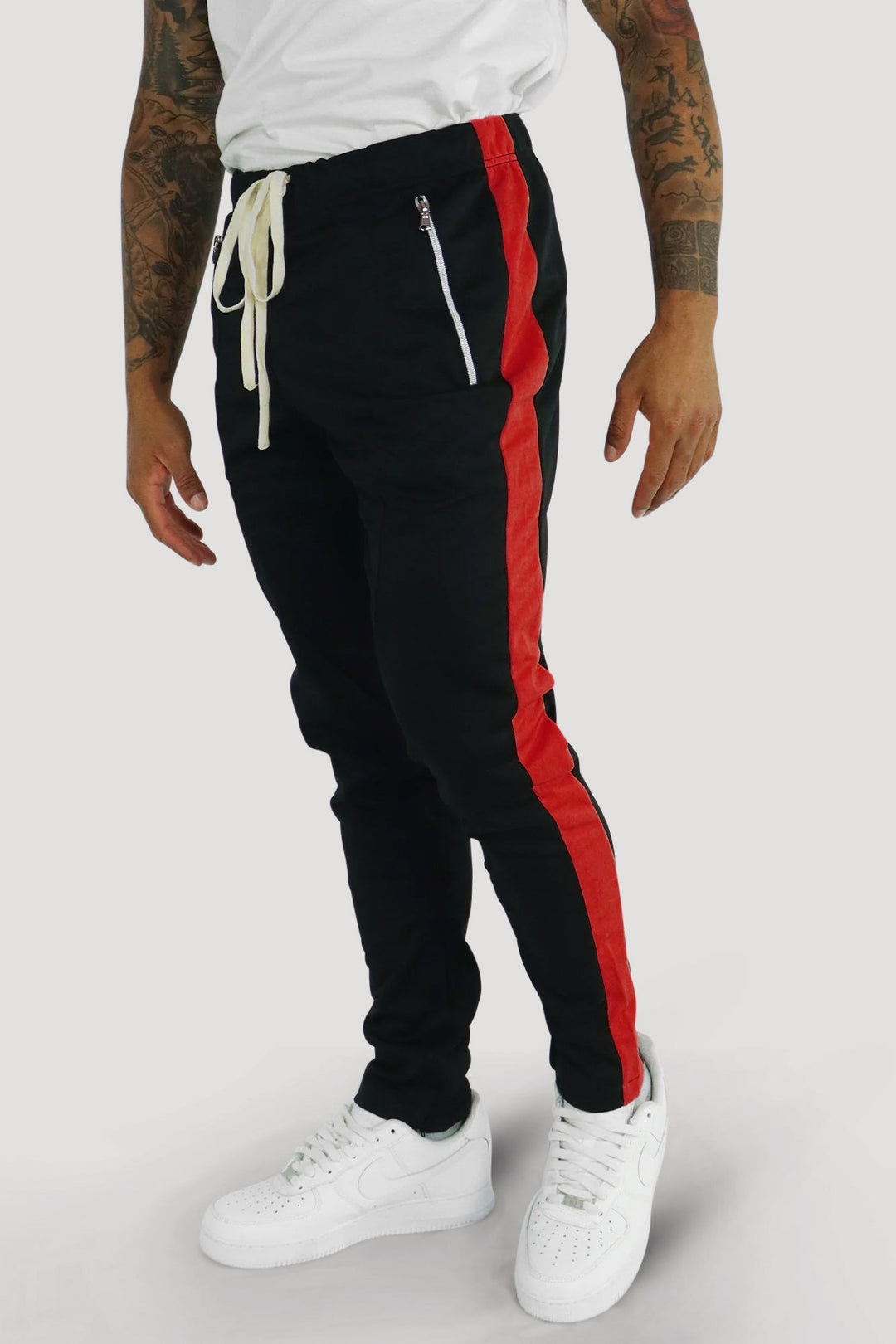 Premium Side Stripe Zip Pocket Track Pants (Black - Red) - Zamage