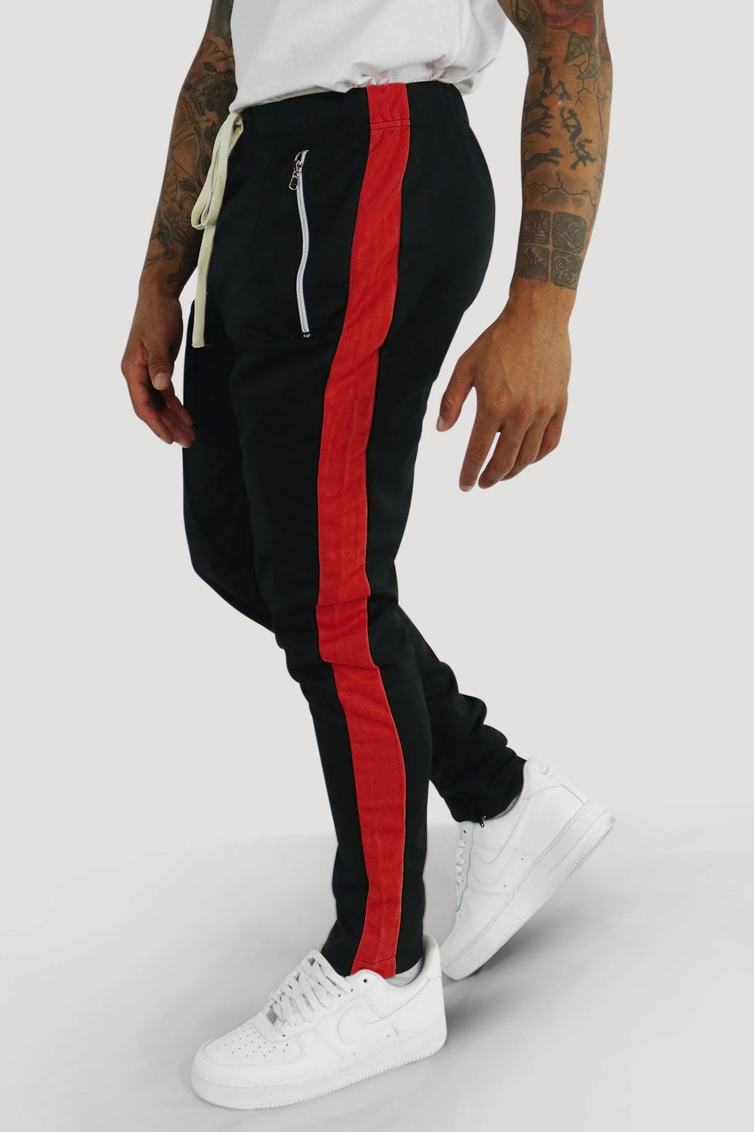 Premium Side Stripe Zip Pocket Track Pants (Black - Red) - Zamage