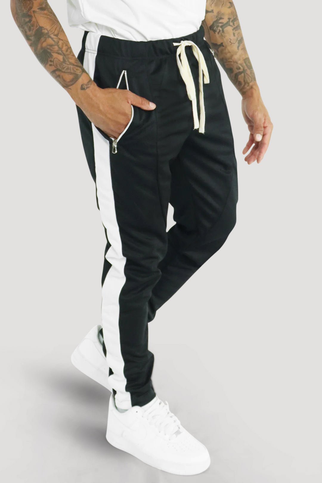 Premium Side Stripe Zip Pocket Track Pants (Black - White) - Zamage