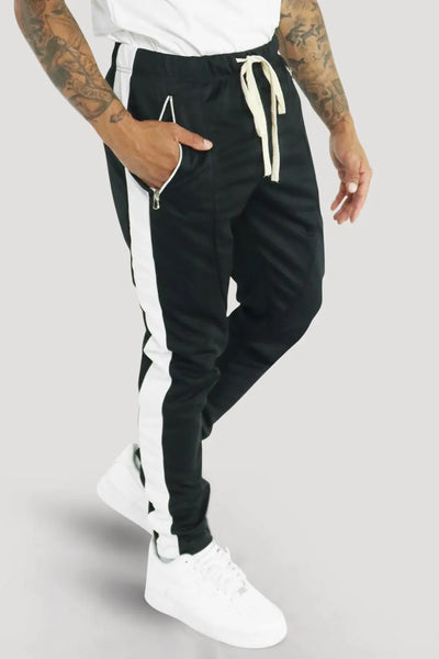Premium Side Stripe Zip Pocket Track Pants (Black - White) - Zamage