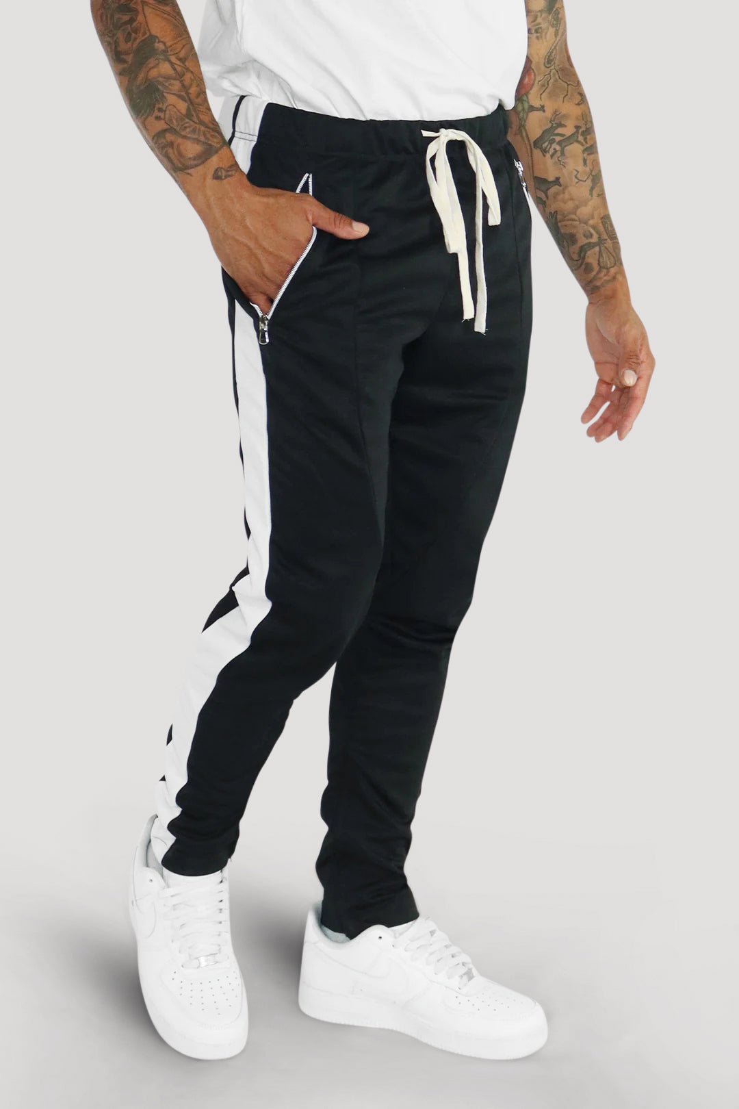 Premium Side Stripe Zip Pocket Track Pants (Black - White) - Zamage
