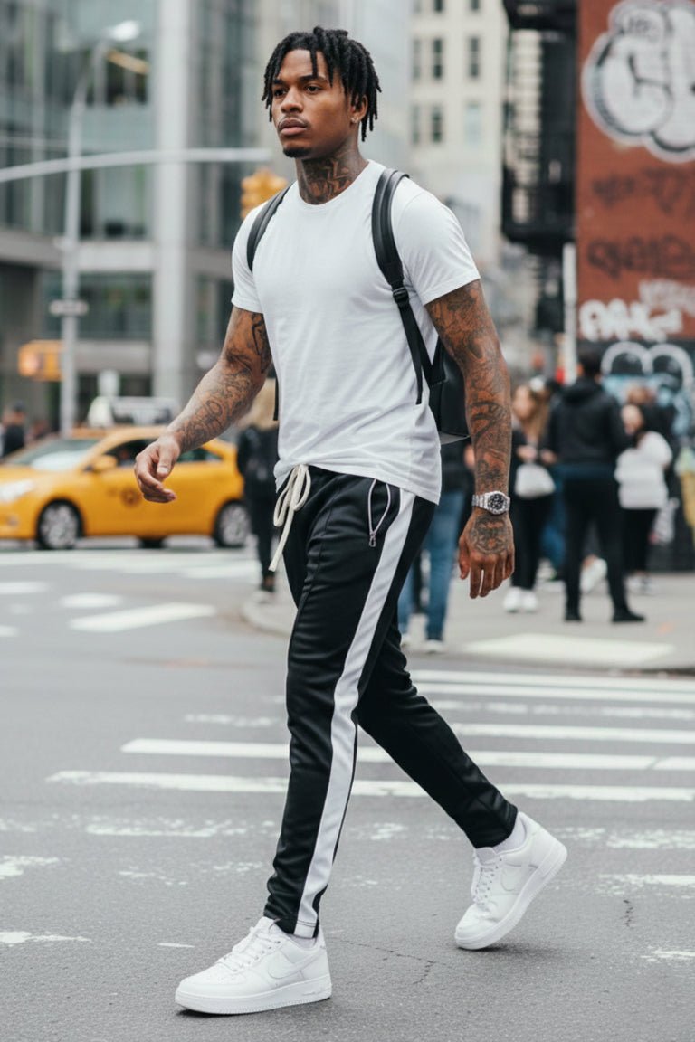 Premium Side Stripe Zip Pocket Track Pants (Black - White) - Zamage