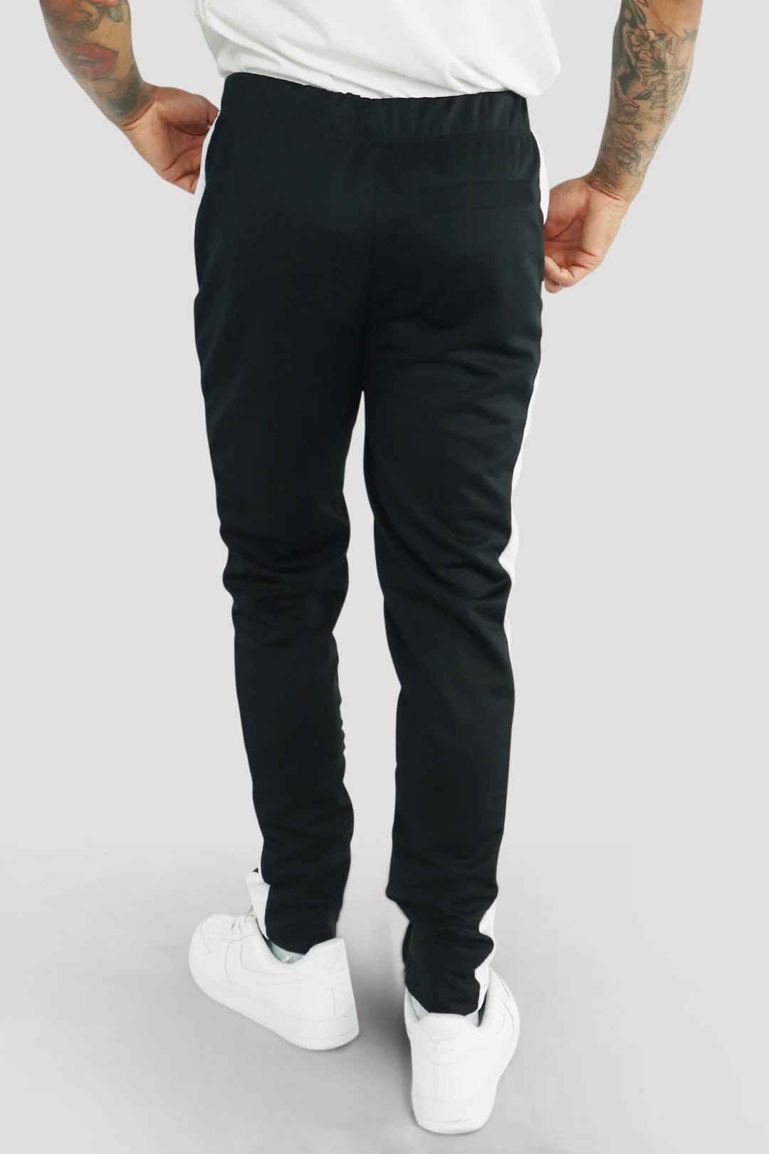 Premium Side Stripe Zip Pocket Track Pants (Black - White) - Zamage
