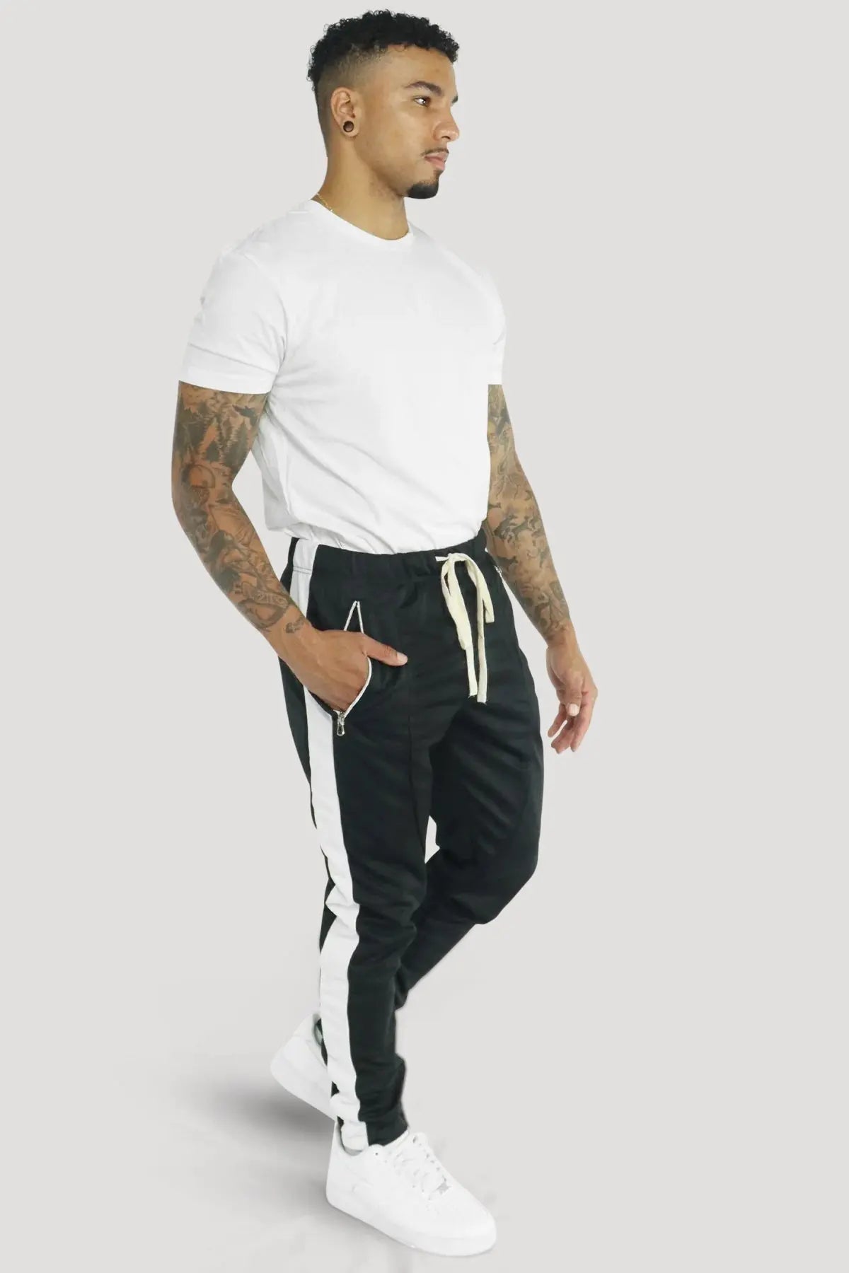 Premium Side Stripe Zip Pocket Track Pants (Black - White) - Zamage
