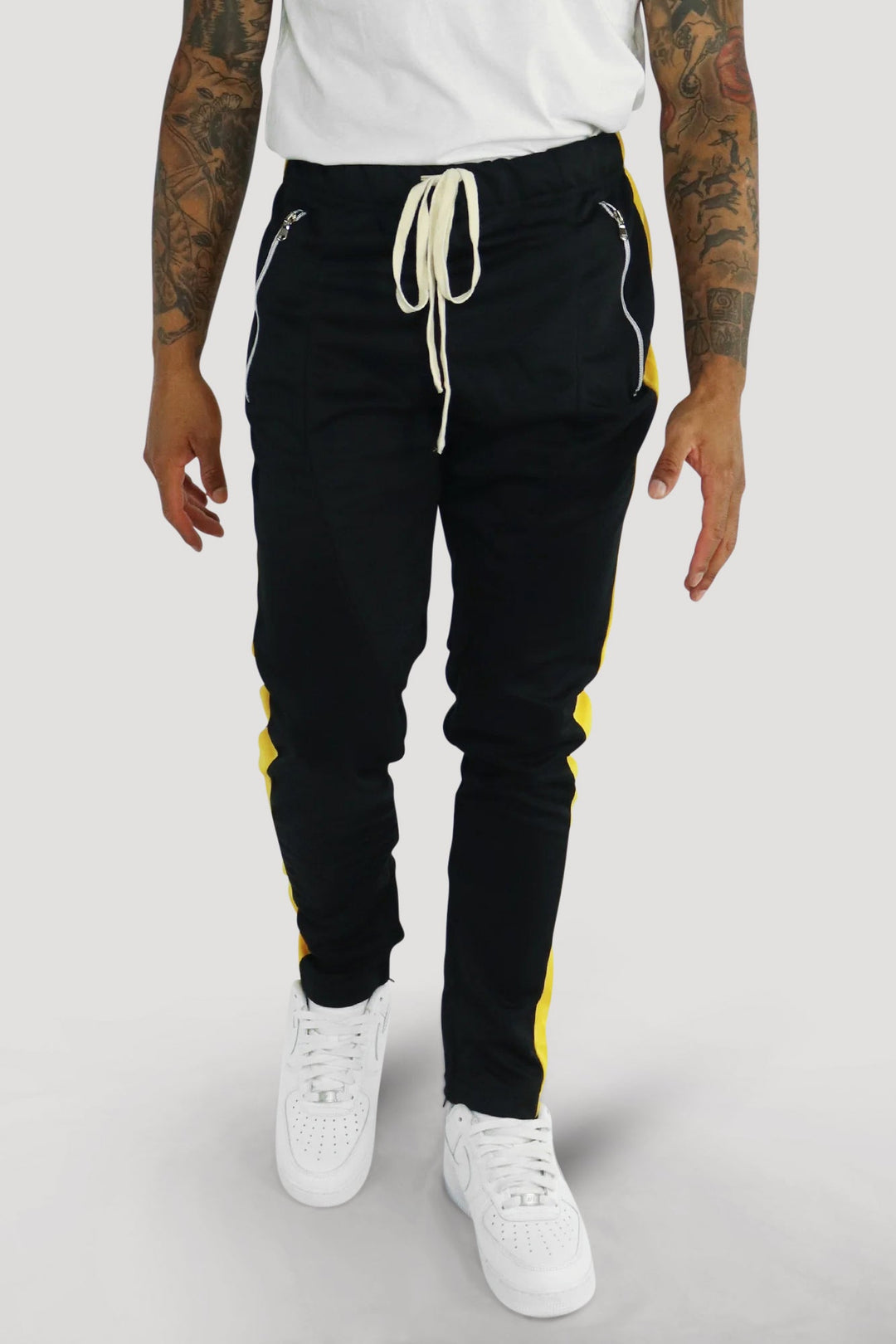 Premium Side Stripe Zip Pocket Track Pants (Black - Yellow) - Zamage