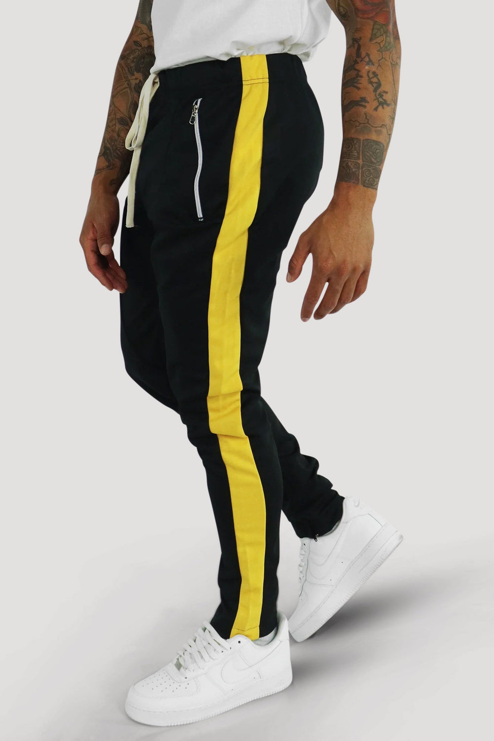 Premium Side Stripe Zip Pocket Track Pants (Black - Yellow) - Zamage