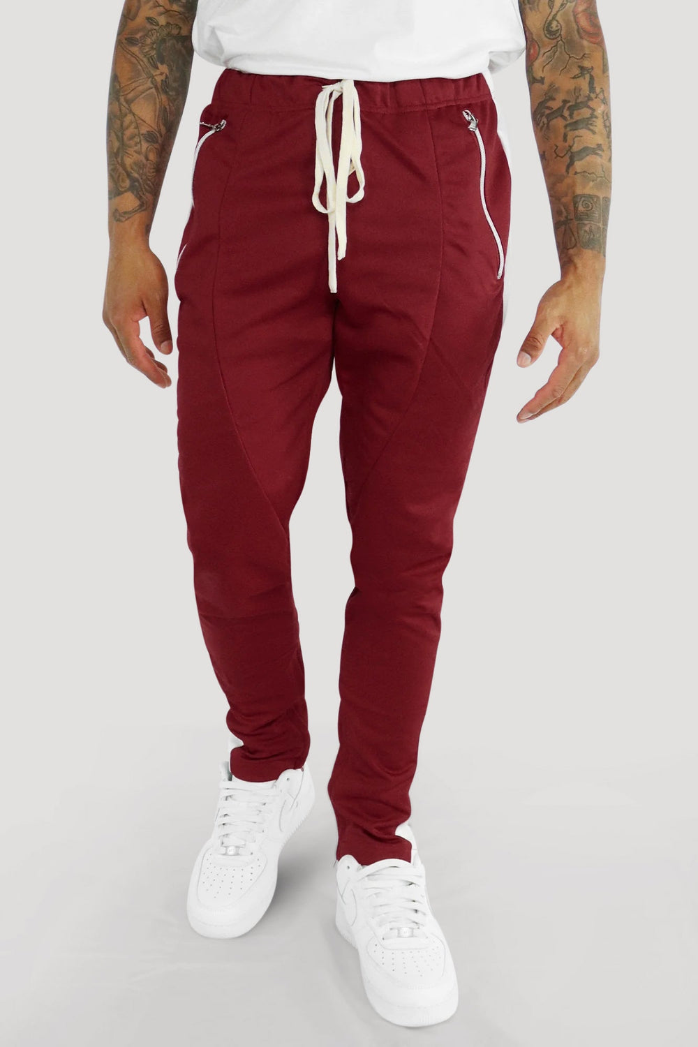 Premium Side Stripe Zip Pocket Track Pants (Burgundy - White) - Zamage