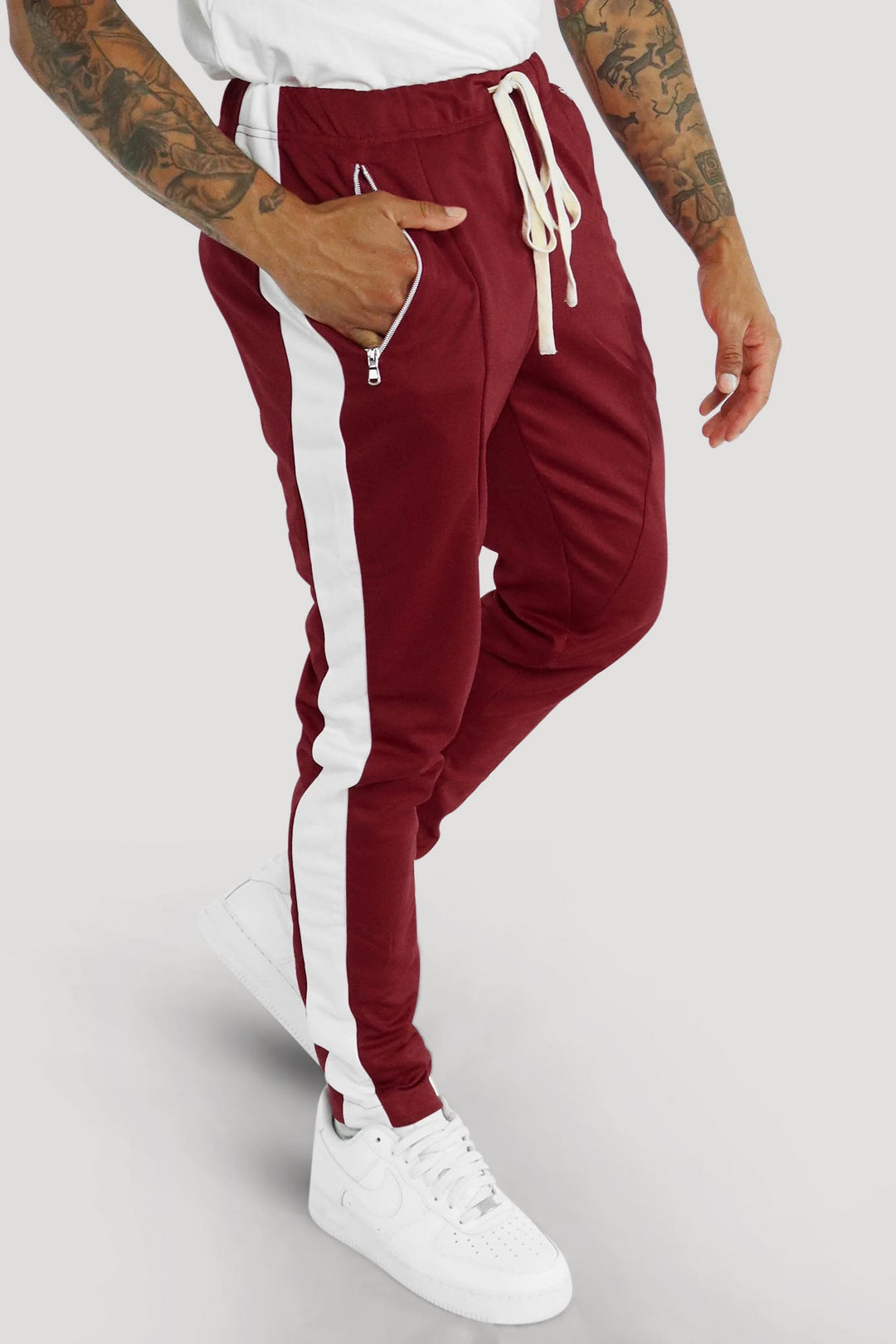 Premium Side Stripe Zip Pocket Track Pants (Burgundy - White) - Zamage