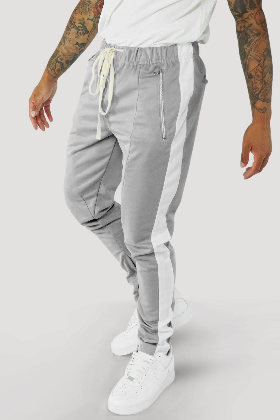 Premium Side Stripe Zip Pocket Track Pants (Grey - White) - Zamage