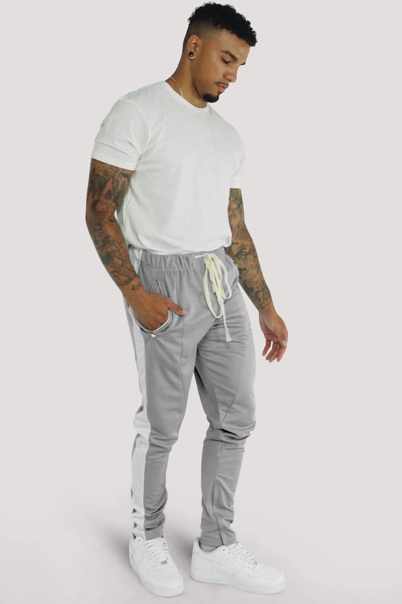 Premium Side Stripe Zip Pocket Track Pants (Grey - White