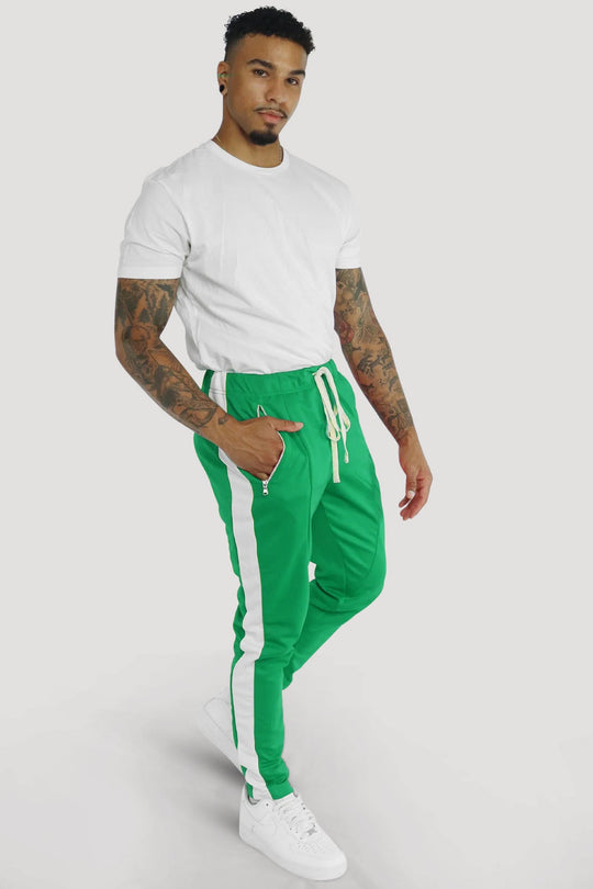 Premium Side Stripe Zip Pocket Track Pants (Kelly Green - White) - Zamage