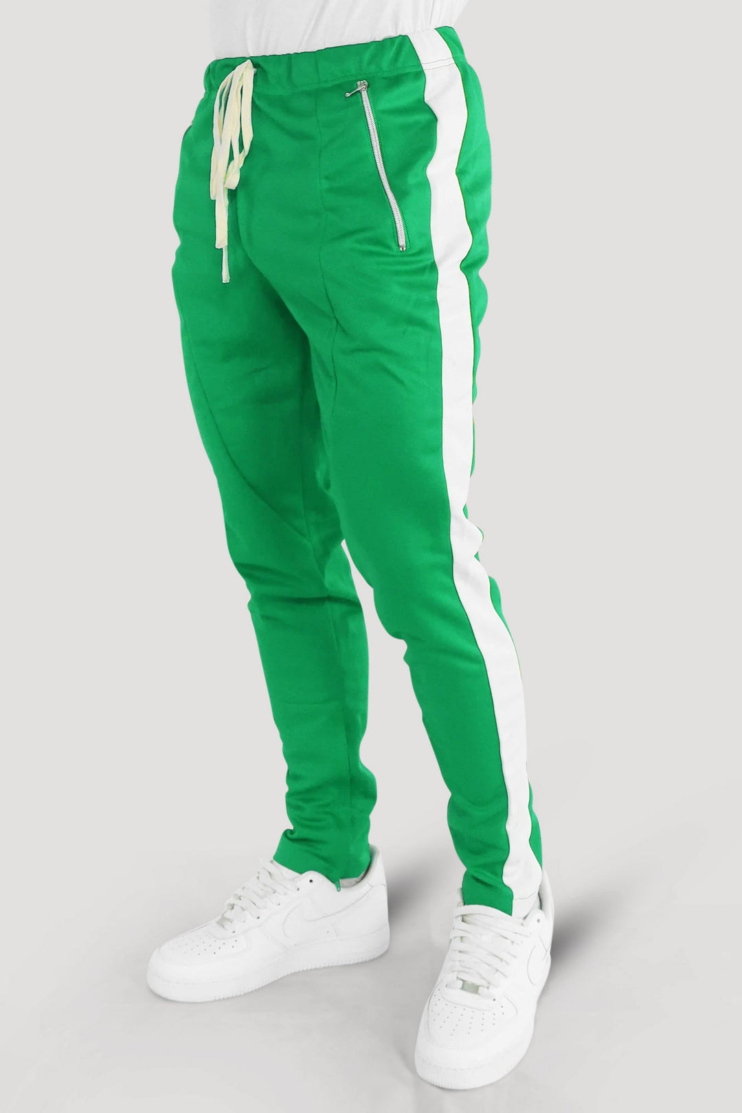 Premium Side Stripe Zip Pocket Track Pants (Kelly Green - White) - Zamage