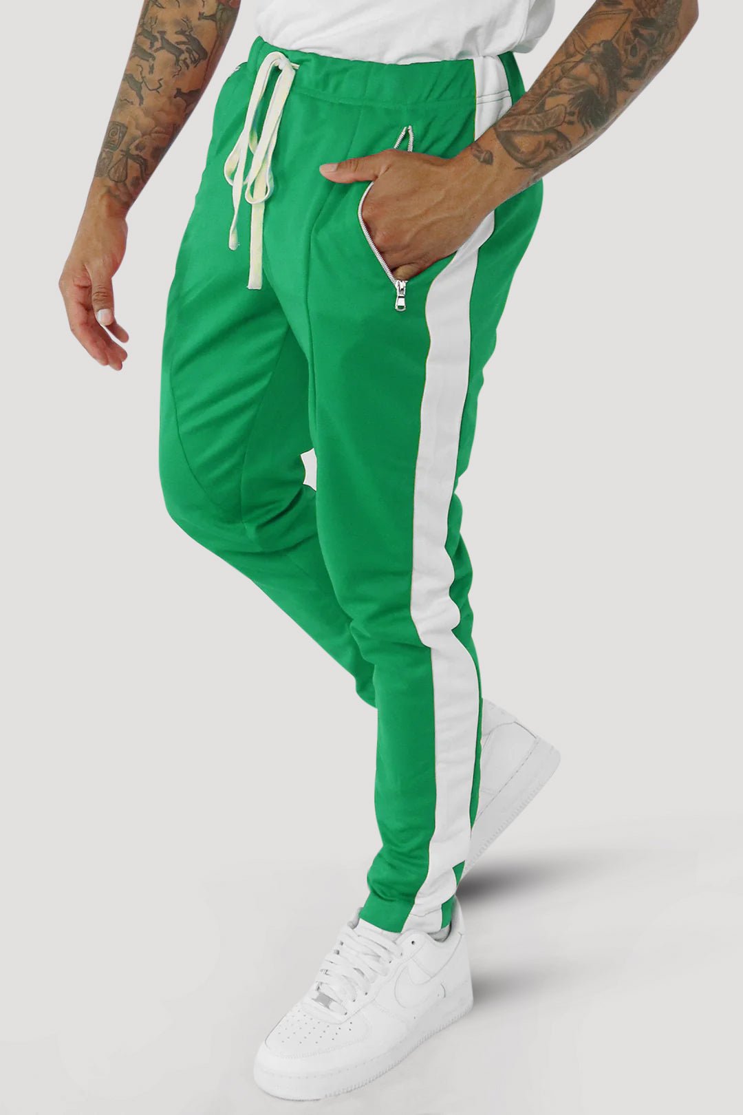 Premium Side Stripe Zip Pocket Track Pants (Kelly Green - White) - Zamage