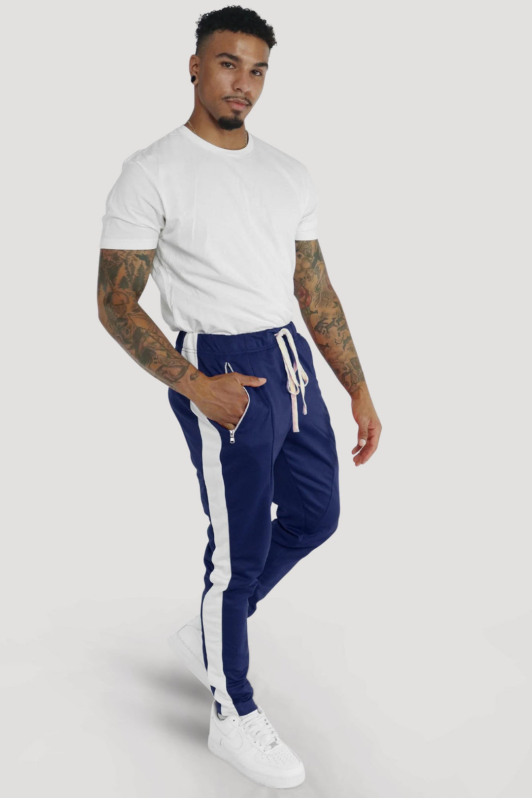 Premium Side Stripe Zip Pocket Track Pants (Navy - White) - Zamage