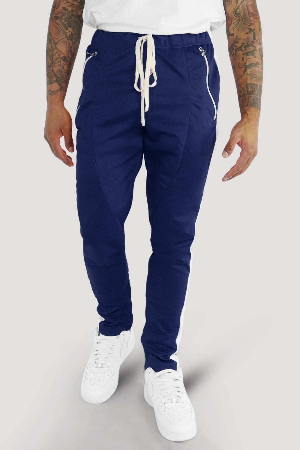 Premium Side Stripe Zip Pocket Track Pants (Navy - White) - Zamage
