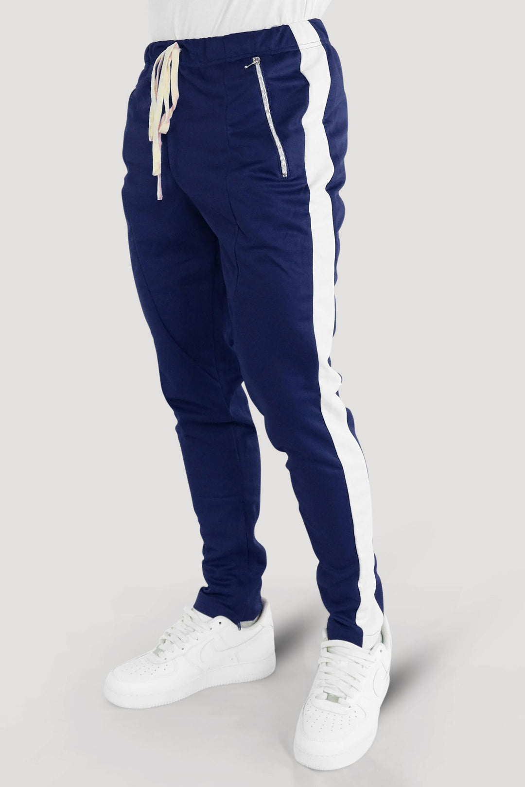 Premium Side Stripe Zip Pocket Track Pants (Navy - White) - Zamage