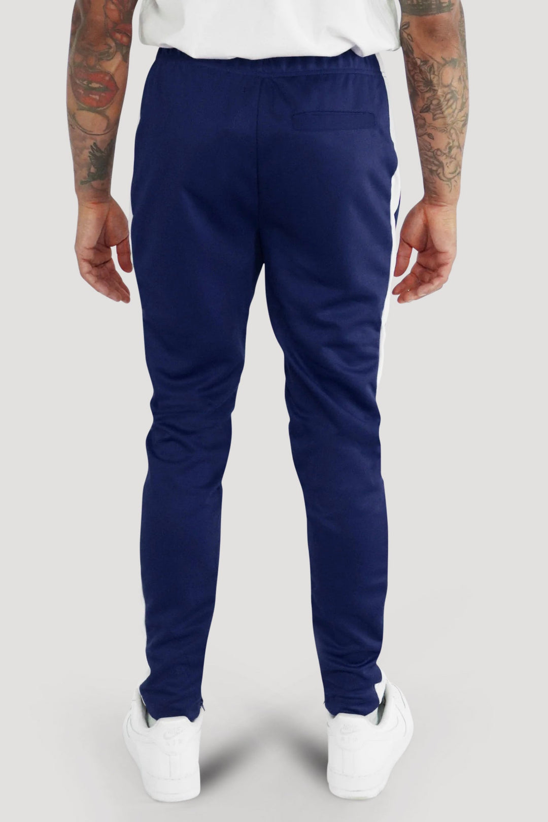 Premium Side Stripe Zip Pocket Track Pants (Navy - White) - Zamage