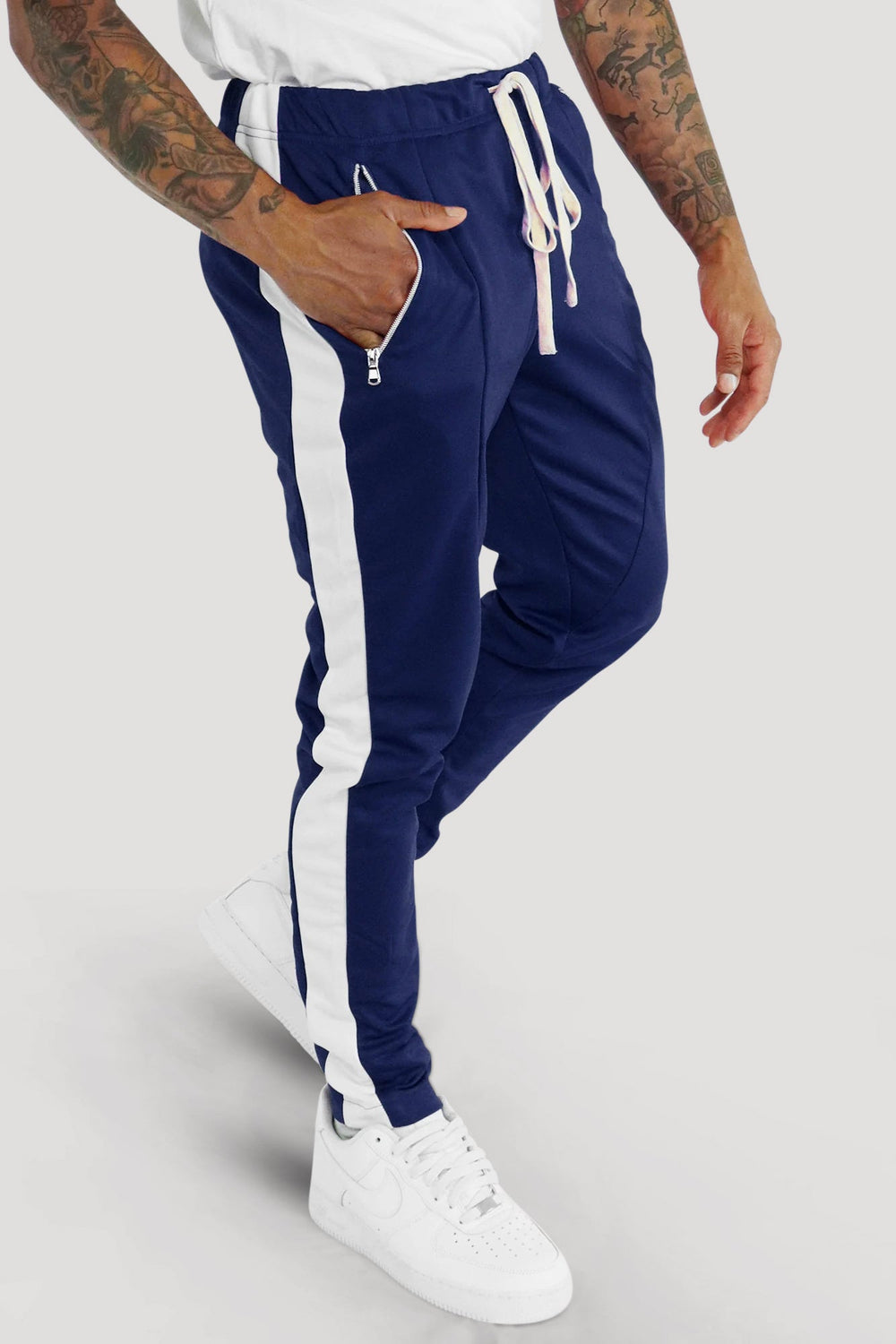 Premium Side Stripe Zip Pocket Track Pants (Navy - White) - Zamage