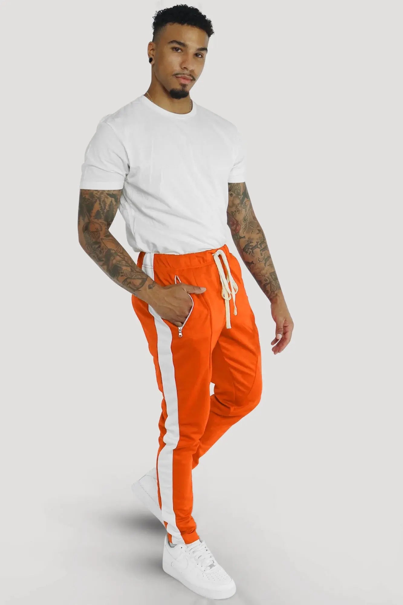 Premium Side Stripe Zip Pocket Track Pants (Orange - White) - Zamage