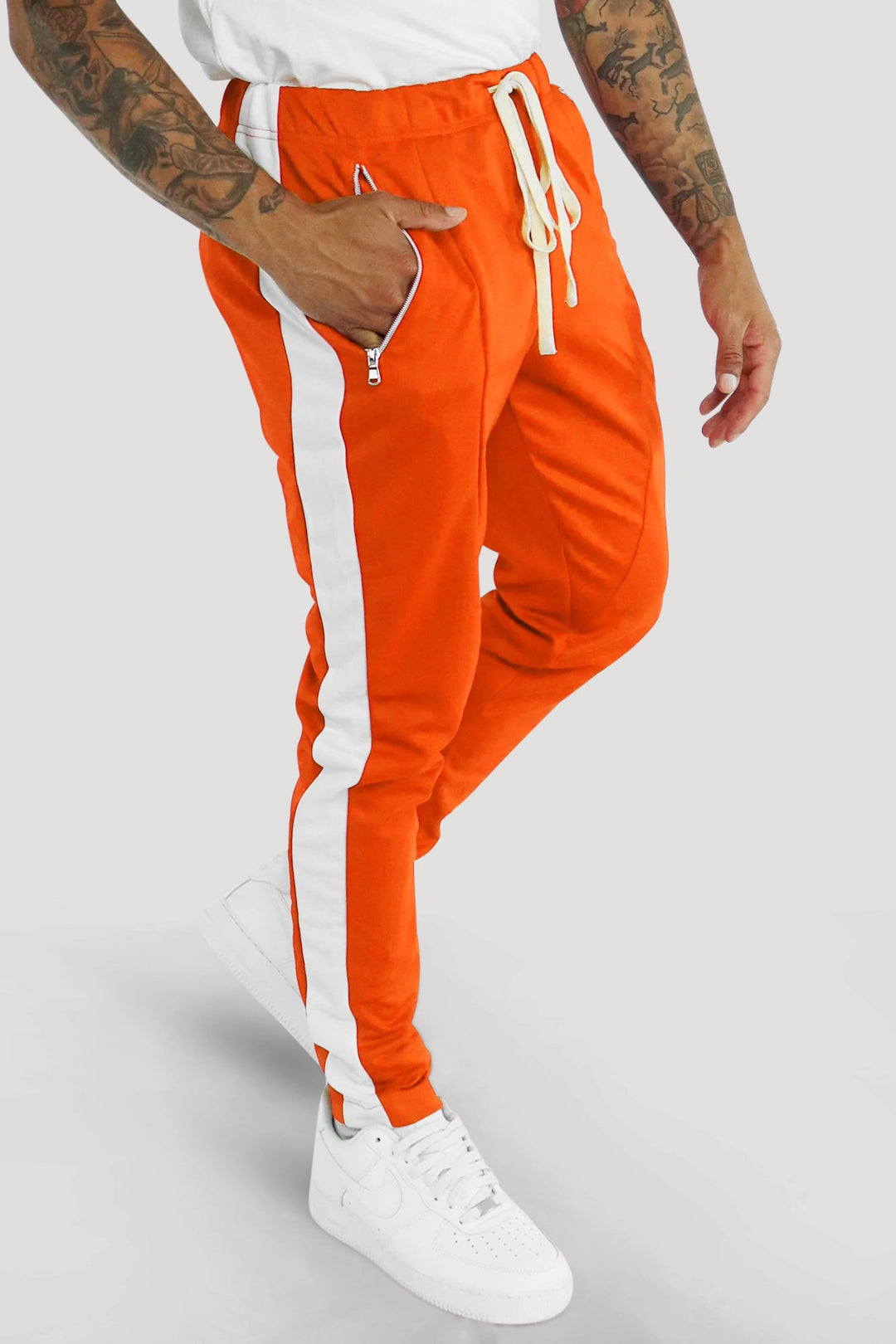 Premium Side Stripe Zip Pocket Track Pants (Orange - White) - Zamage