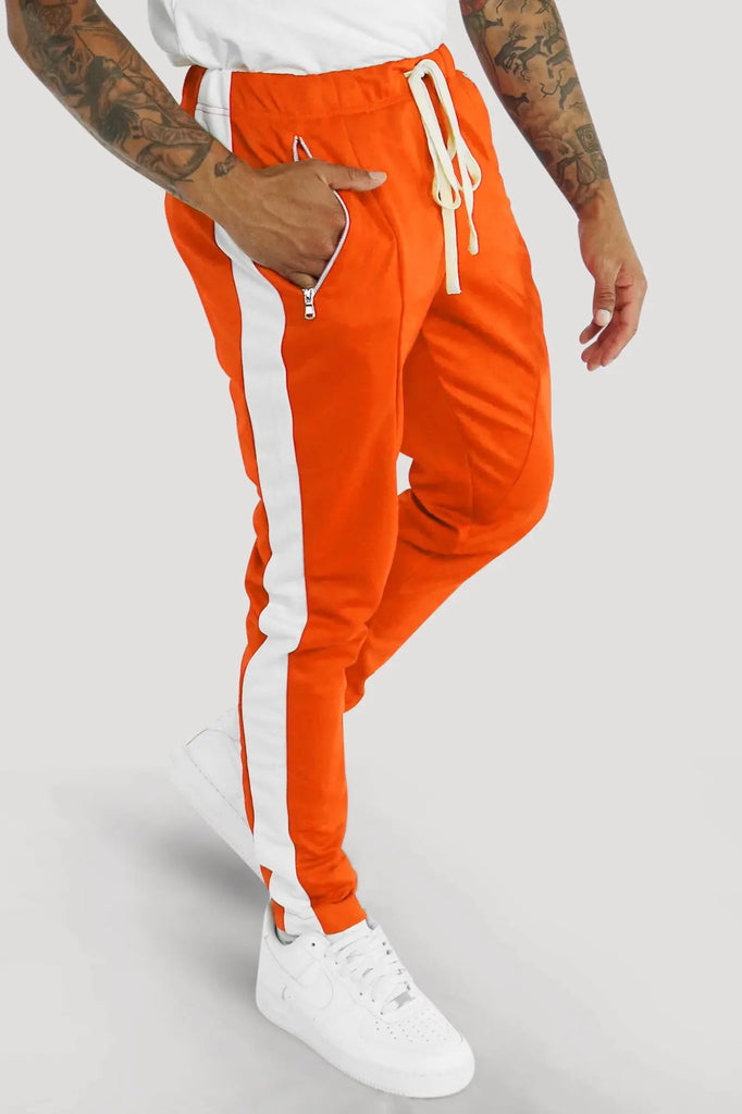 Premium Side Stripe Zip Pocket Track Pants (Orange - White) - Zamage