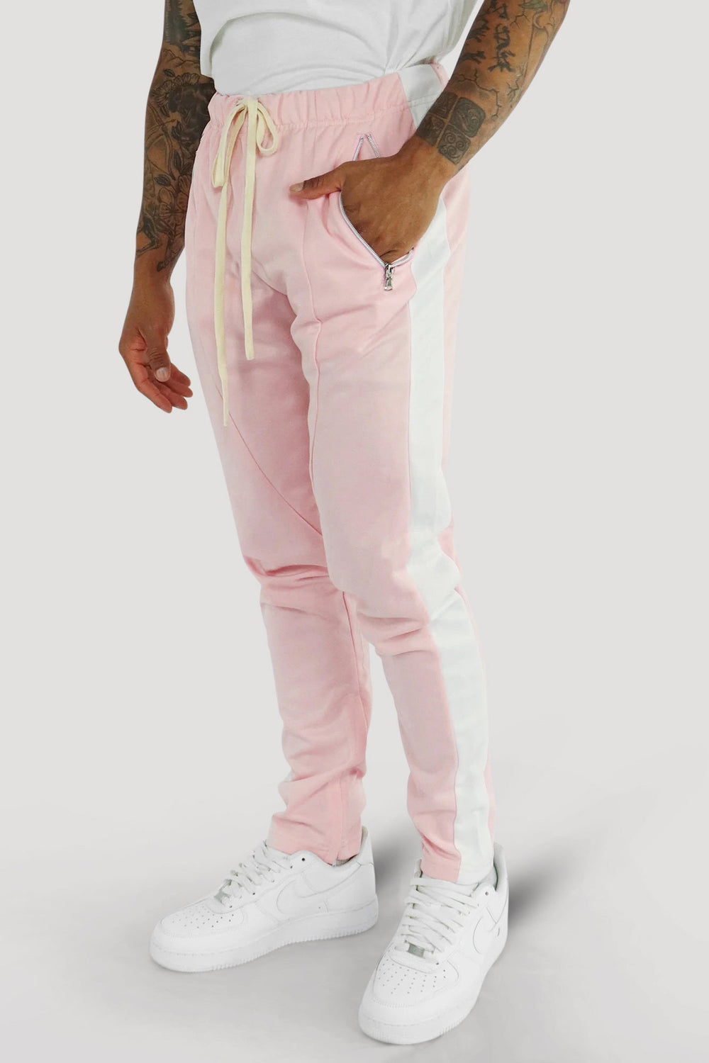 Premium Side Stripe Zip Pocket Track Pants (Pink - White) - Zamage