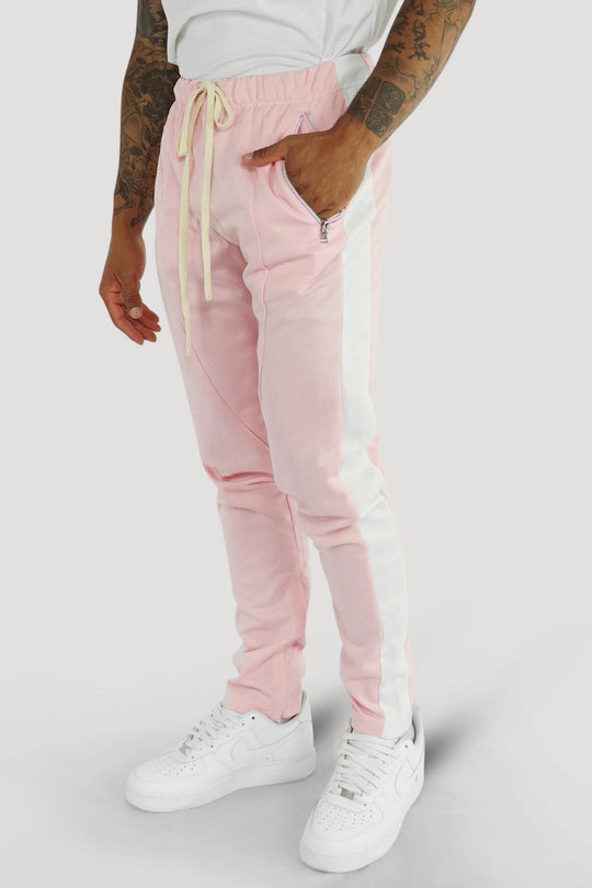 Premium Side Stripe Zip Pocket Track Pants (Pink - White) - Zamage
