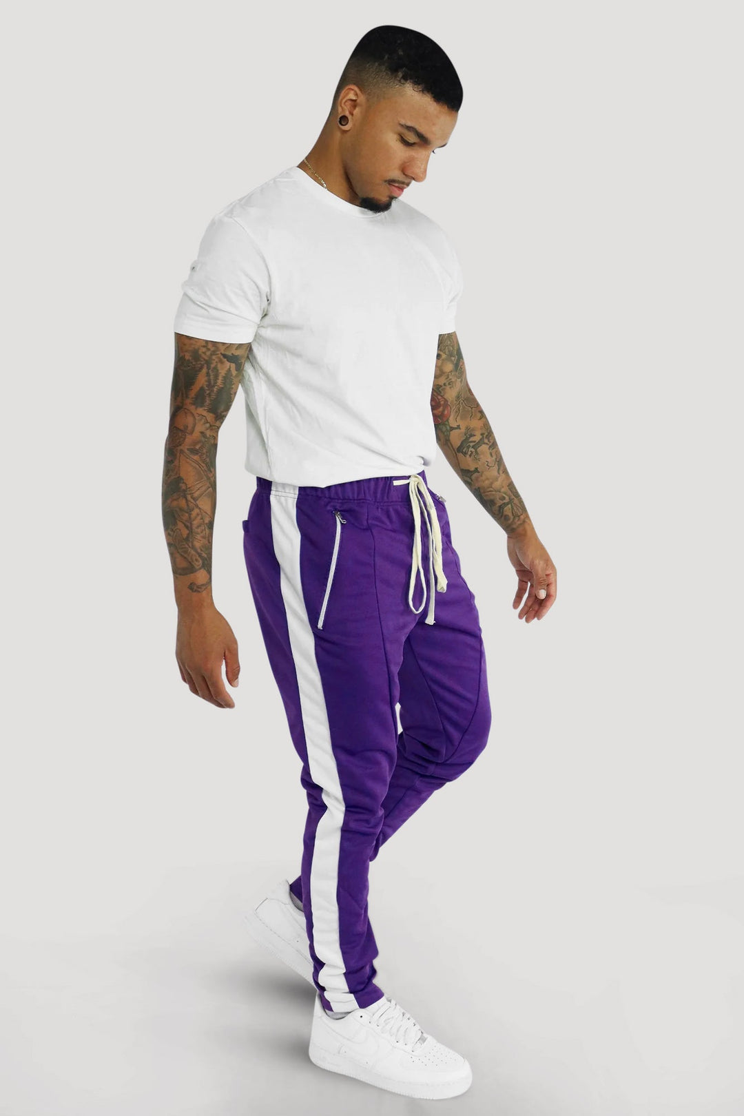 Premium Side Stripe Zip Pocket Track Pants (Purple - White) - Zamage