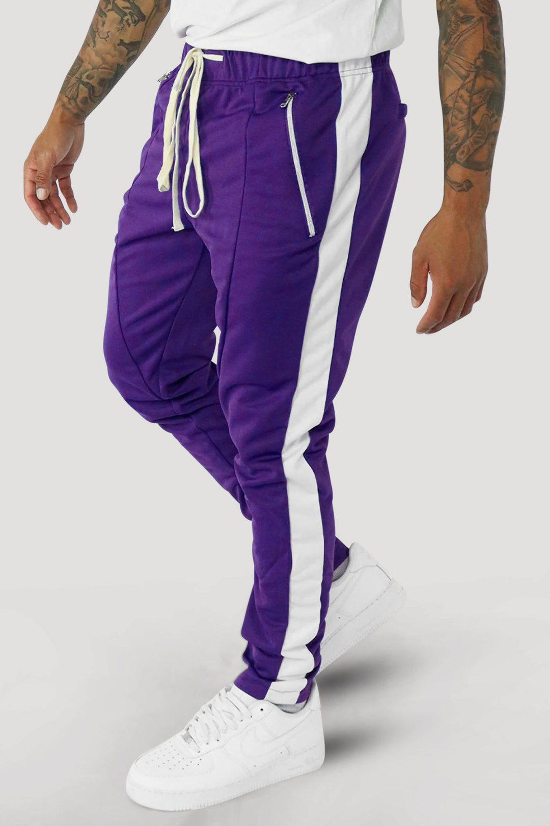 Premium Side Stripe Zip Pocket Track Pants (Purple - White) - Zamage
