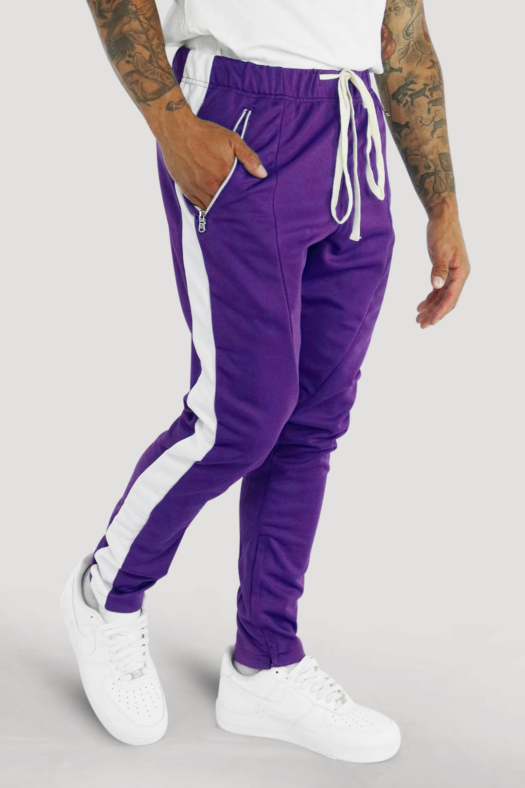 Premium Side Stripe Zip Pocket Track Pants (Purple - White) - Zamage