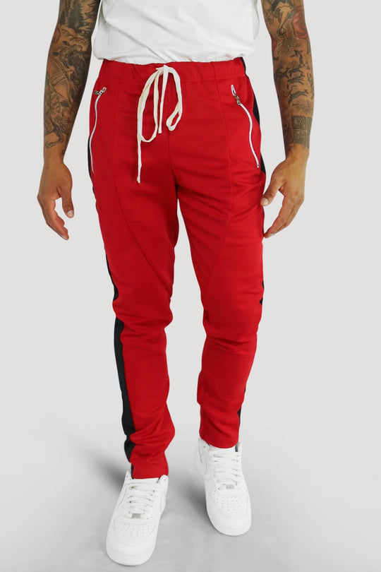 Premium Side Stripe Zip Pocket Track Pants (Red - Black) - Zamage